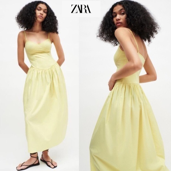 NWT ZARA Combination Poplin Yellow Maxi Dress Size M 5644/359 Bustier Drop Waist - Picture 2 of 16